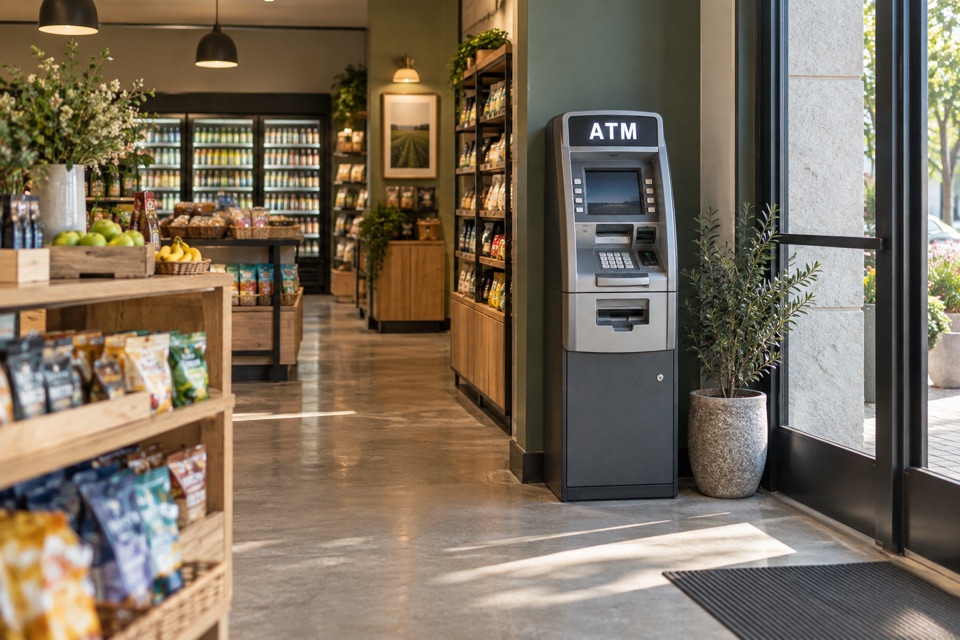 Illustration of an ATM placed near the entrance of a neighborhood market