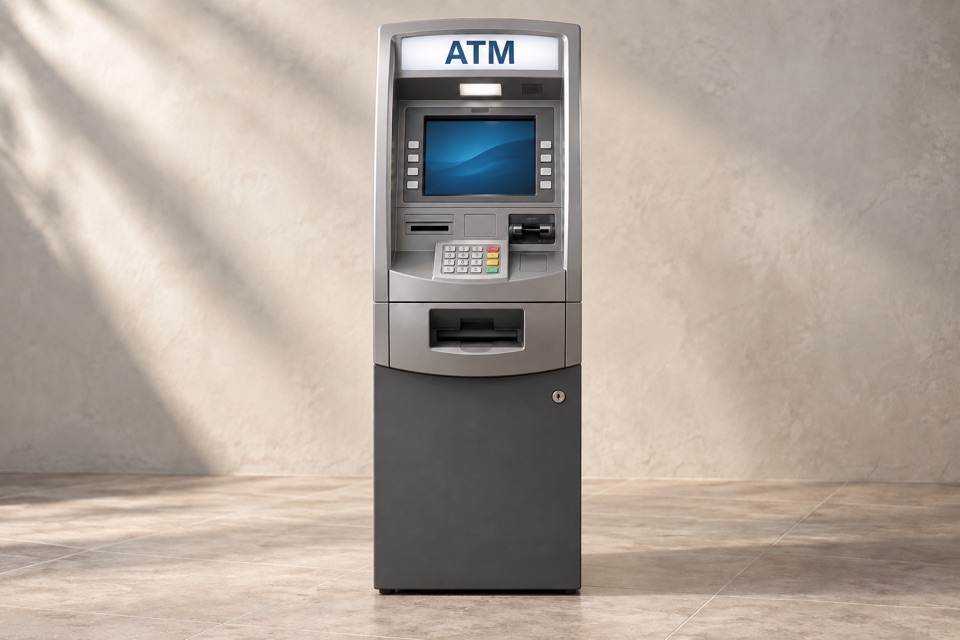 Illustration of a freestanding silver and graphite retail ATM